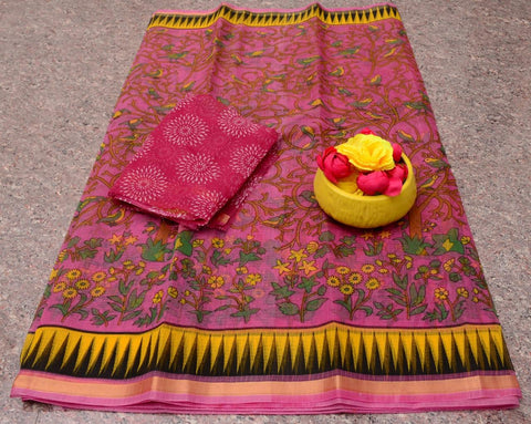 Pink - Kalamkari Printed Kota Doria Saree - Trend In Need