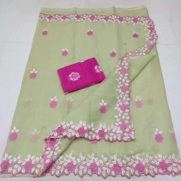 Embroidered Kota Cotton Saree - Pista Green Color