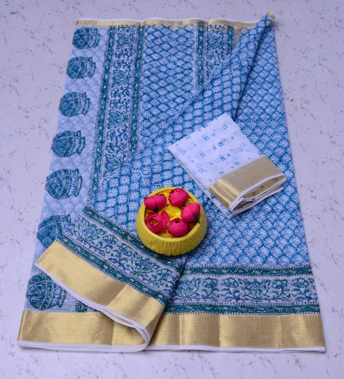 Pure Cotton Kota Block Printed Saree - Blue