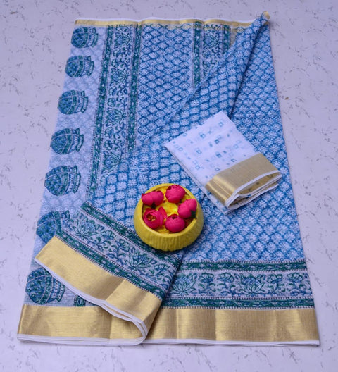 Pure Cotton Hand Block Kota Doria Saree - Blue Color - Trend In Need
