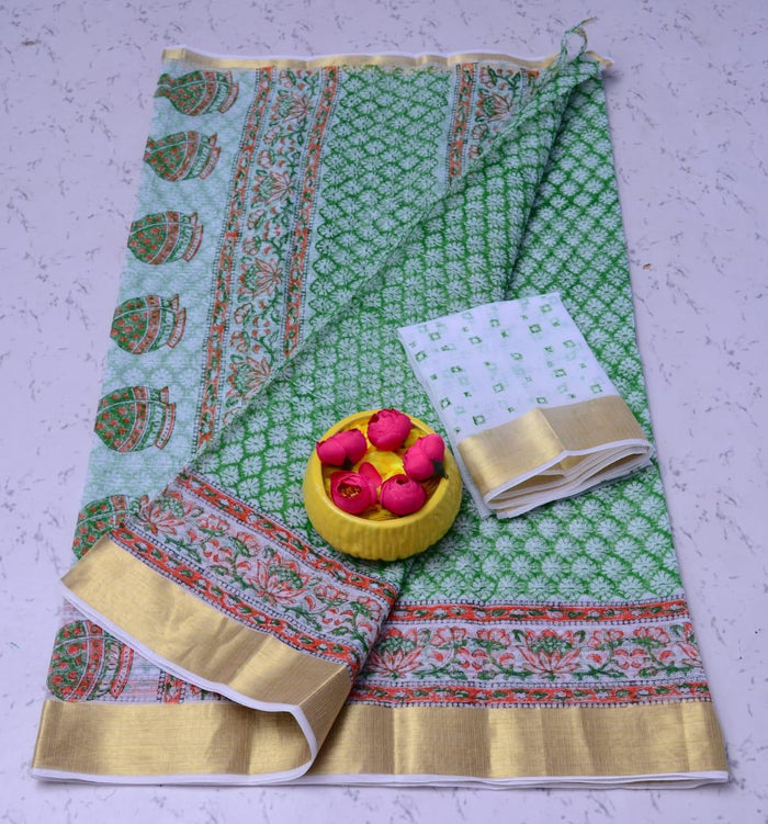 Pure Cotton Kota Block Printed Saree - Green Color