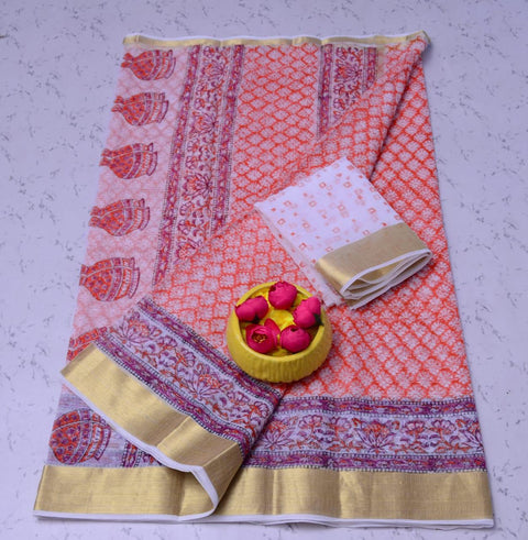 Pure Cotton Hand Block Kota Doria Saree - Orange Color - Trend In Need