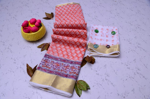 Pure Cotton Hand Block Kota Doria Saree - Orange Color - Trend In Need
