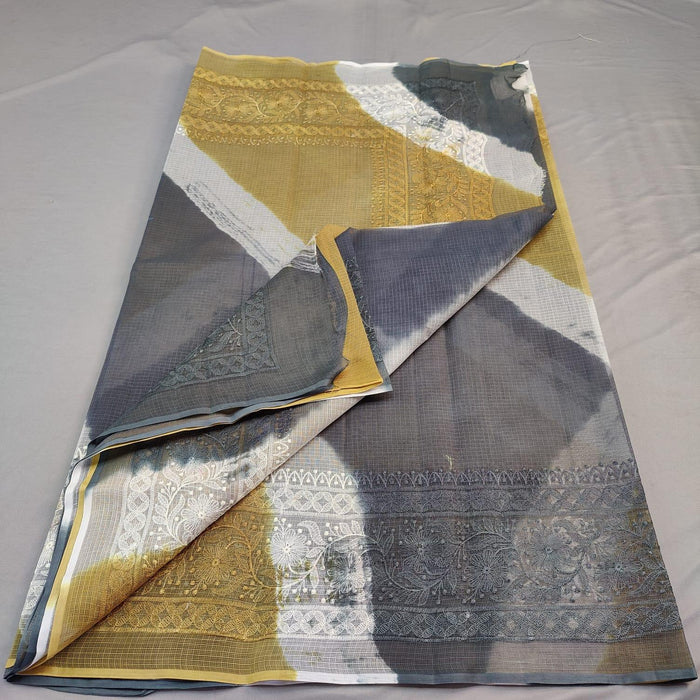 Pure Cotton Kota Doria Embroidery Designer Sarees - Yellow Grey Color