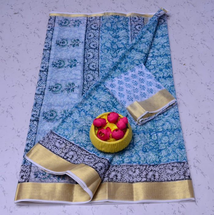 Kota Doria Pure Cotton Hand Block Printed Saree - Blue Colour