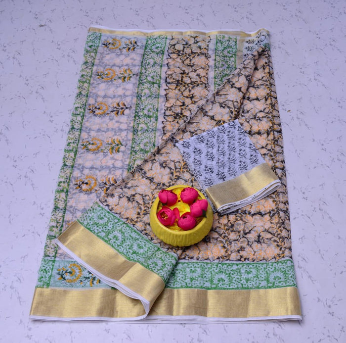 Kota Doria Pure Cotton Hand Block Printed Saree - Green Colour