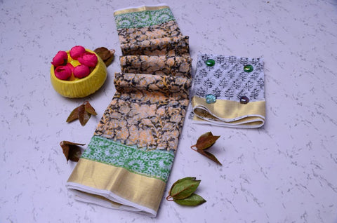 Pure Cotton Kota Doria Hand Block Saree - Green Color - Trend In Need