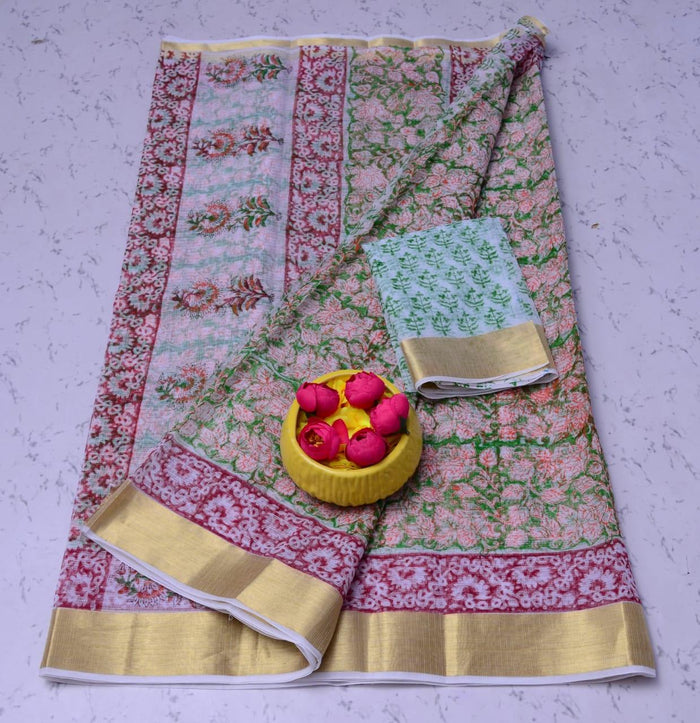 Kota Doria Pure Cotton Hand Block Printed Saree - Red Color