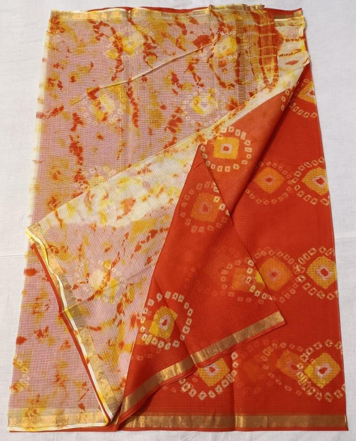 Bandhej Tie Dye Print Pure Cotton Kota Saree - Orange Color