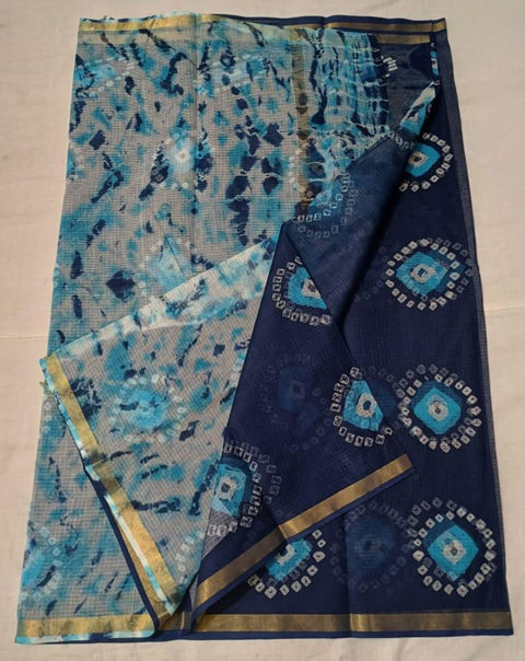 Bandhej Dye Tie Print Pure Cotton Kota Saree - Blue Color