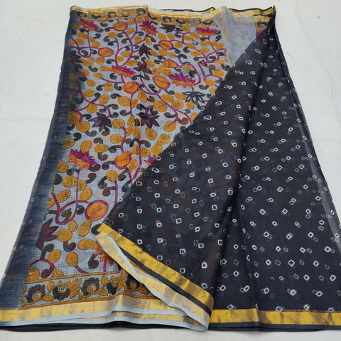 Pure Cotton Screen Printed Kota Doria Bandhej Saree - Black Color - Trend In Need