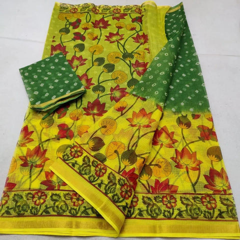 Pure Cotton Screen Printed Kota Doria Bandhej Saree - Green Color - Trend In Need