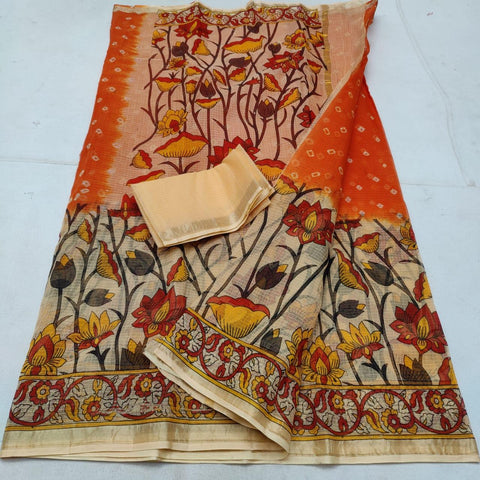 Pure Cotton Screen Printed Kota Doria Bandhej Saree - Orange Color - Trend In Need
