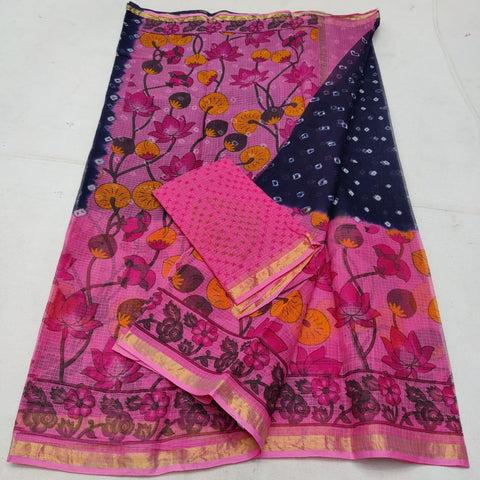 Pure Cotton Screen Printed Kota Doria Bandhej Saree - Pink Color - Trend In Need