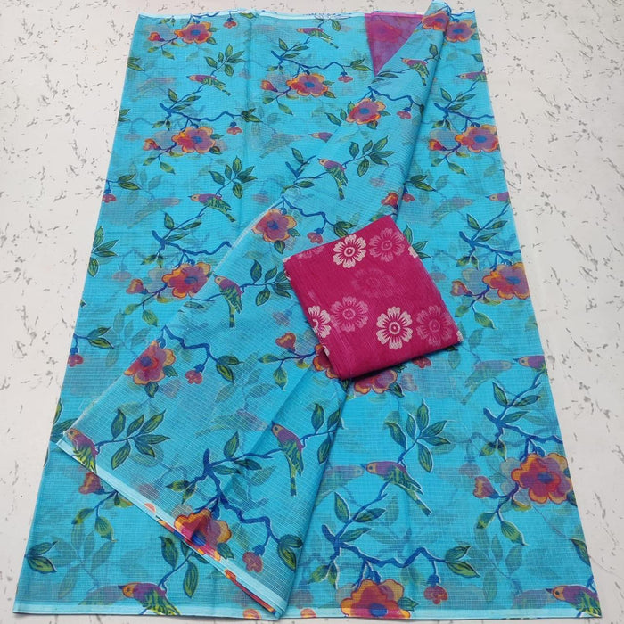 Pure Cotton Kota Doria Screen Print Saree - Blue Color