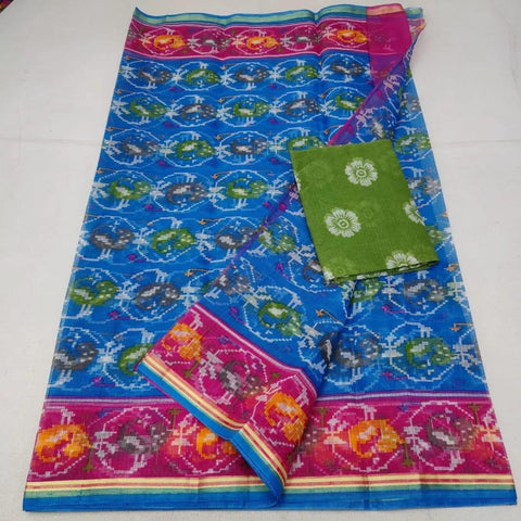 Pure Cotton Screen Printed Kota Doria Saree - Blue Green Color - Trend In Need