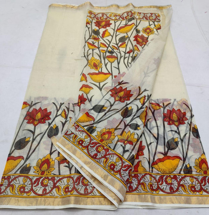 Pure Cotton Kota Doria Screen Print Saree - Off White Color