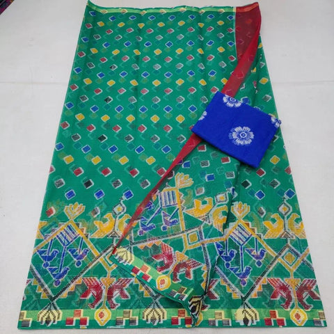 Pure Cotton Screen Printed Kota Doria Saree - Green Color - Trend In Need