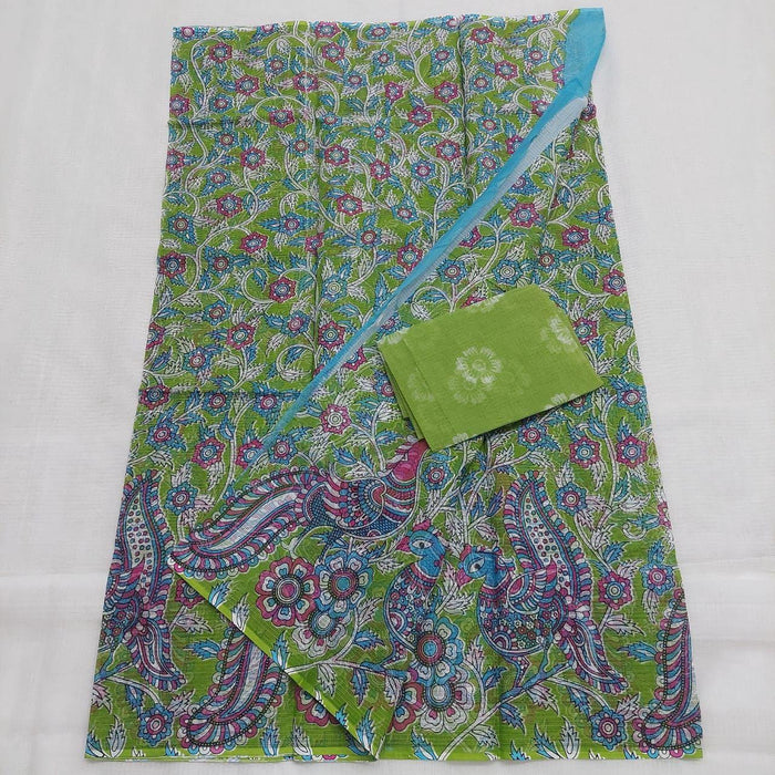 Pure Cotton Kota Doria Screen Print Saree - Green Color
