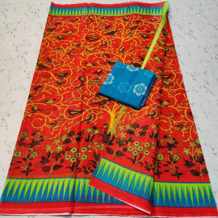 Pure Cotton Kota Doria Screen Print Saree - Orange Color