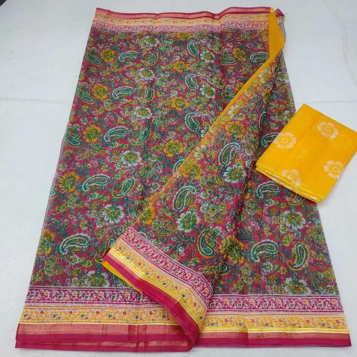 Pure Cotton Kota Doria Screen Print Saree - Pink Color