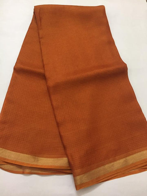Pure Organza Kota Doria Silk Saree - Brown - Trend In Need