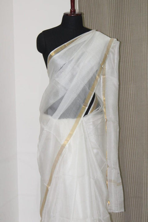 Pure Organza Kota Doria Silk Saree - White - Trend In Need