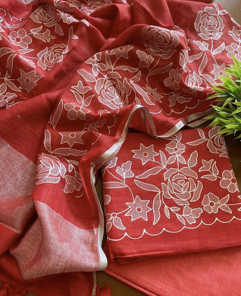 Red - Cotton Slub Salwar Suit With Resham Embroidery - Trend In Need