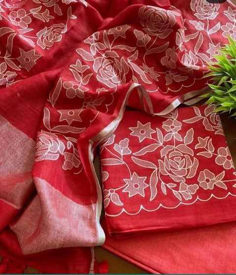 Red - Cotton Slub Salwar Suit With Resham Embroidery - Trend In Need