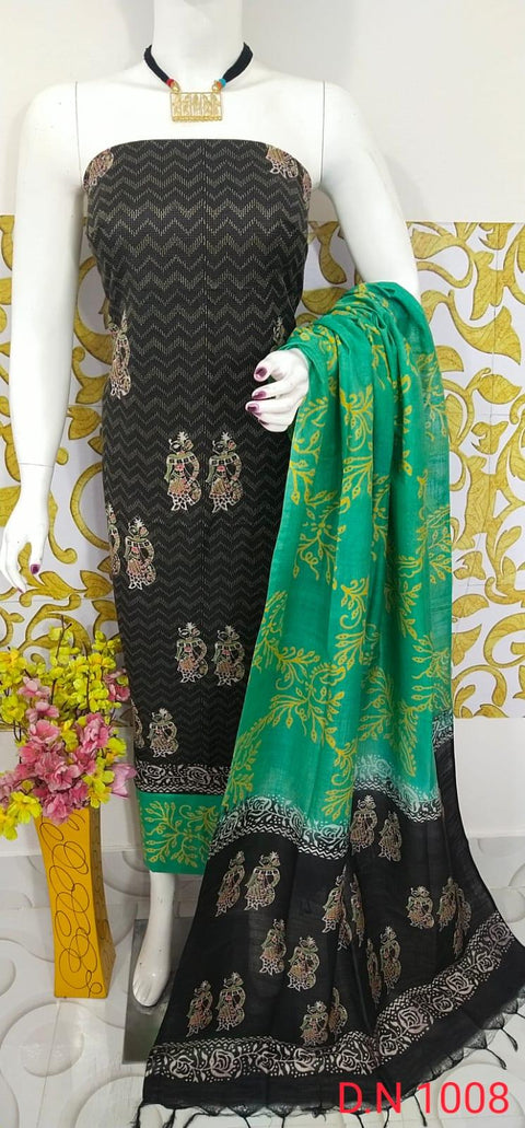 Semi Tussar Silk Churidar Material - Black Green - Trend In Need