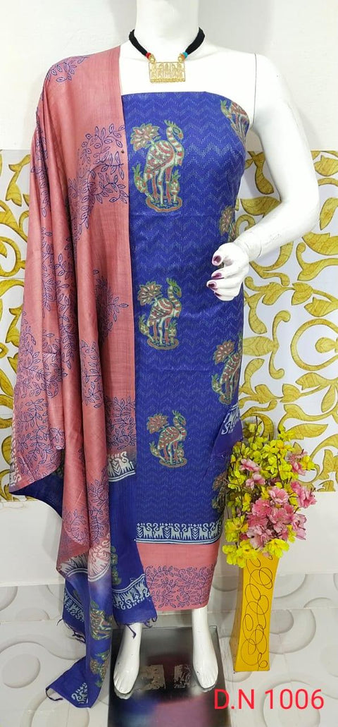 Semi Tussar Silk Churidar Material - Blue Pink - Trend In Need