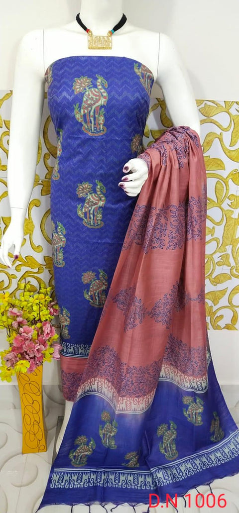 Semi Tussar Silk Churidar Material - Blue Pink - Trend In Need