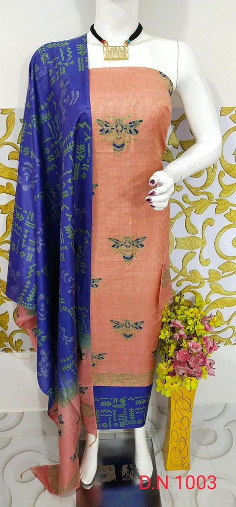 Semi Tussar Silk Churidar Material - Blue - Trend In Need