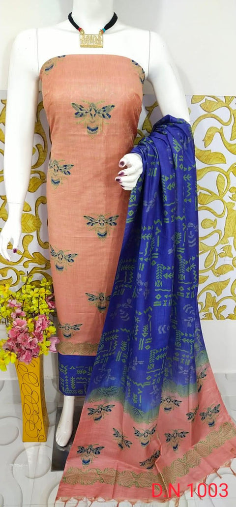 Semi Tussar Silk Churidar Material - Blue - Trend In Need