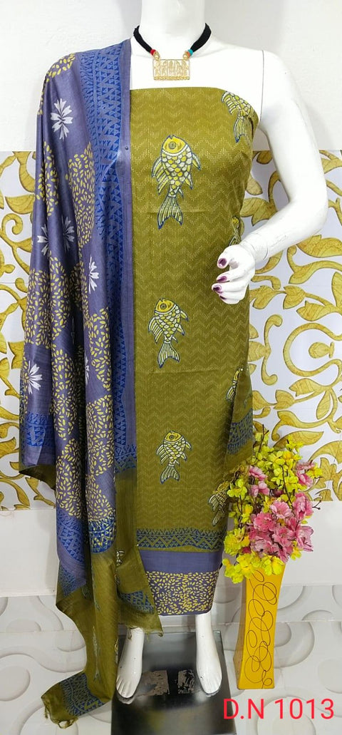 Semi Tussar Silk Churidar Material - Green Blue - Trend In Need