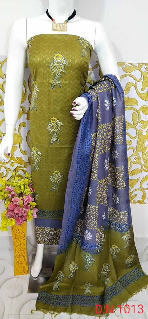 Semi Tussar Silk Churidar Material - Green Blue - Trend In Need