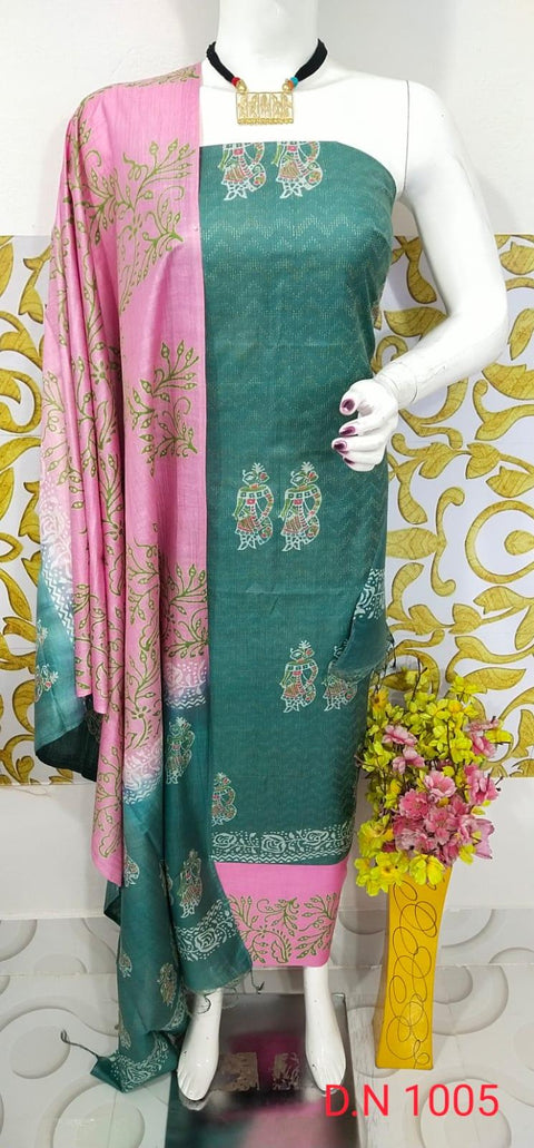 Semi Tussar Silk Churidar Material - Green Pink - Trend In Need