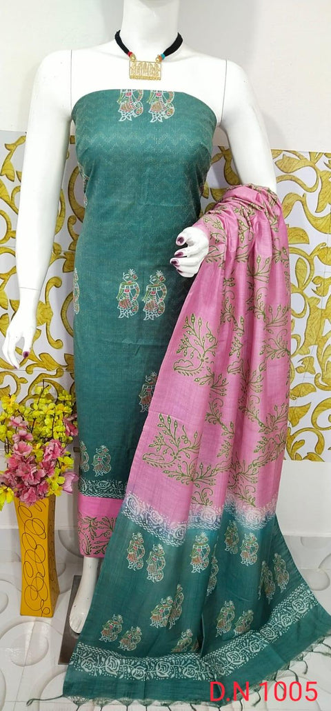 Semi Tussar Silk Churidar Material - Green Pink - Trend In Need