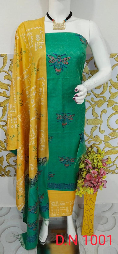 Semi Tussar Silk Churidar Material - Green Yellow - Trend In Need
