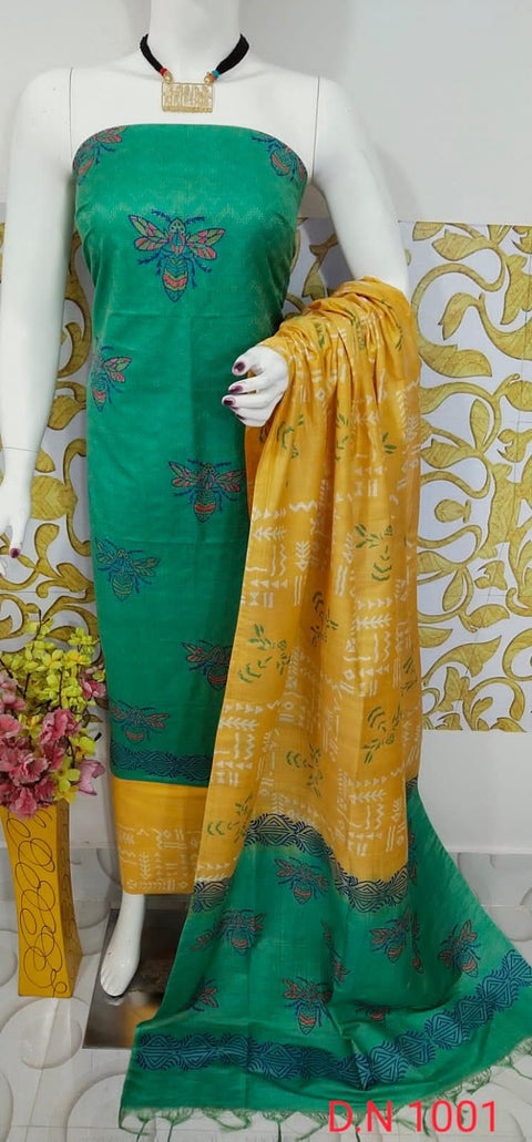 Semi Tussar Silk Churidar Material - Green Yellow - Trend In Need