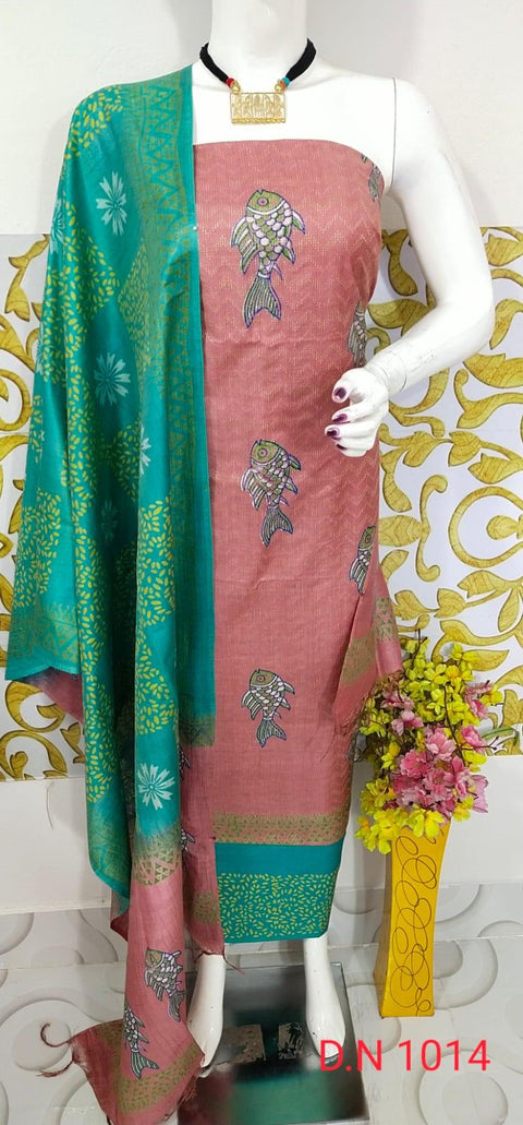 Semi Tussar Silk Churidar Material - Pink Green - Trend In Need