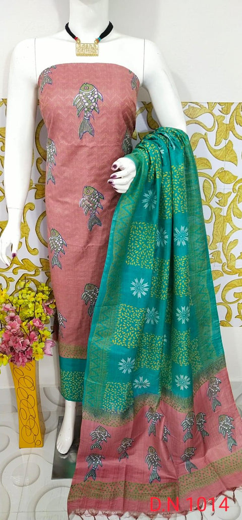 Semi Tussar Silk Churidar Material - Pink Green - Trend In Need