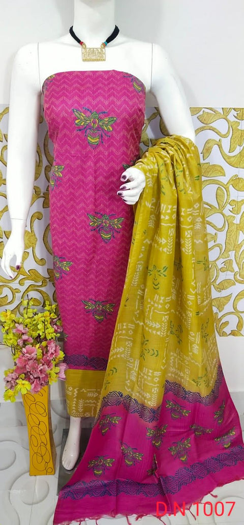 Semi Tussar Silk Churidar Material - Rani Pink Green - Trend In Need