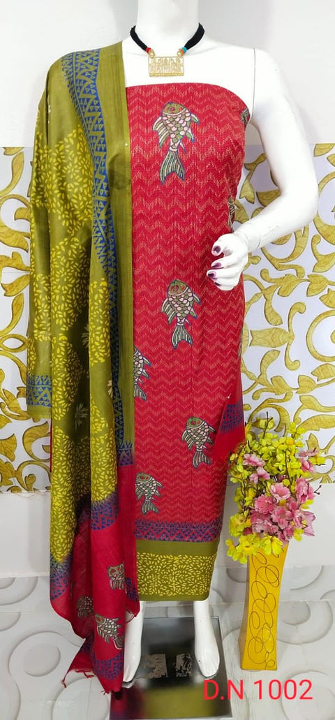 Semi Tussar Silk Churidar Material - Red Green - Trend In Need