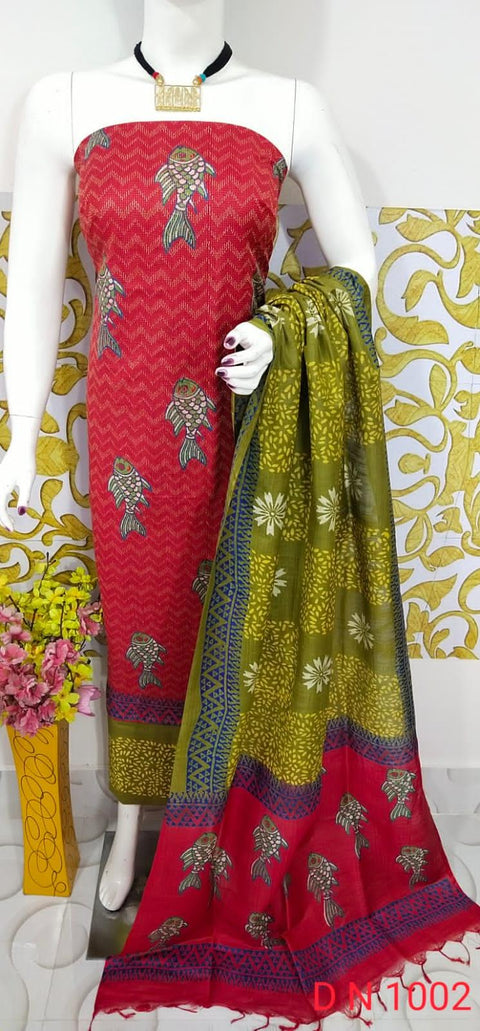 Semi Tussar Silk Churidar Material - Red Green - Trend In Need