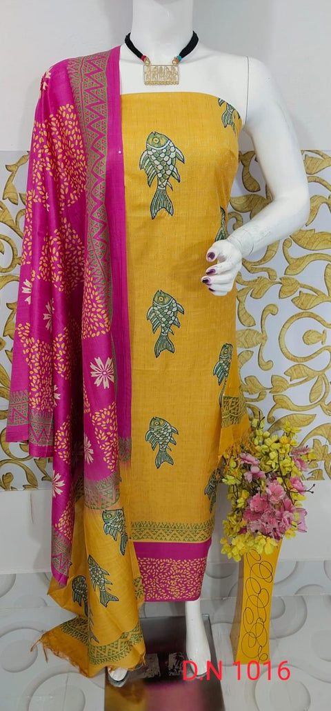 Semi Tussar Silk Churidar Material - Yellow Rani Pink - Trend In Need