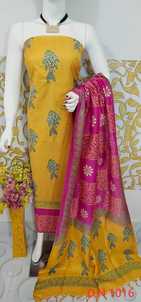 Semi Tussar Silk Churidar Material - Yellow Rani Pink - Trend In Need