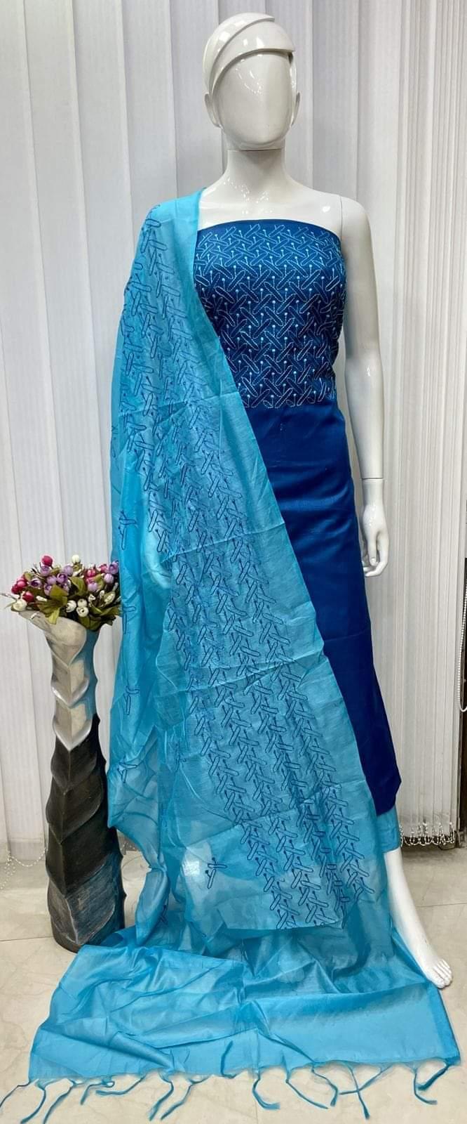 Semi Tussar Silk Suit- Blue - Trend In Need