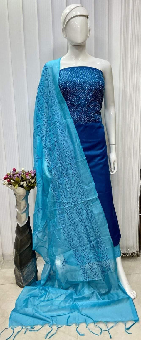 Semi Tussar Silk Suit- Blue - Trend In Need