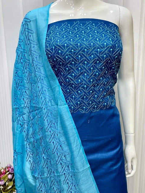 Semi Tussar Silk Suit- Blue - Trend In Need